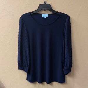 CeCe Navy Blouse with Textured Sleeves